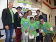 (Rear, left to right) Winnipeg Police Association (WPA) President Maurice Sabourin, radio host and Celebrity Chair Ace Burpee, Fort Rouge School Principal Stacie Edgar, and MLA Janice Morley-Lecomte (Seine River), (front, left to right) Fort Rouge students Kena Yohannes, Dylan Quisao and Sarem Mehri, and Cool 2Be Kind co-chair Kevin Chief at the press conference to announce the launch of the 2019-2020 Cool 2Be Kind campaign at Fort Rouge School in Winnipeg on Tuesday.