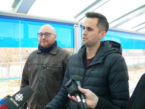 Bjorn Radstrom, Manager of Service Development (left), and Adam Budowski, Transit Planner/Project Manager for Winnipeg Transit address the media at Winnipeg Transit's Fort Rouge Station on Tuesday. Winnipeg Transit announced changes with the opening of the Southwest Transitway Stage 2 that it promises will see more frequent, faster, and more reliable transit service in southwest Winnipeg.