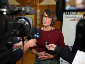 End Homelessness Winnipeg CEO Lucille Bruce speaks to media after an event at Thunderbird House on Main Street in Winnipeg where the organiztion celebrated its transition to an Indigenous organization and launched its five-year plan on Monday.