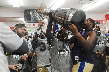 CALGARY, AB - NOVEMBER 24: The Winnipeg Blue Bombers  celebrate after defeating the Hamilton Tiger-Cats during the 107th Grey Cup Championship Game at McMahon Stadium on November 24, 2019 in Calgary, Alberta, Canada. (Photo by Derek Leung/Getty Images)