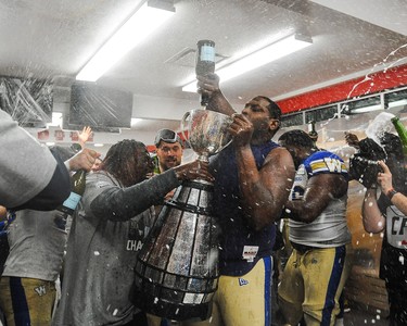 CALGARY, AB - NOVEMBER 24: The Winnipeg Blue Bombers  celebrate after defeating the Hamilton Tiger-Cats during the 107th Grey Cup Championship Game at McMahon Stadium on November 24, 2019 in Calgary, Alberta, Canada. (Photo by Derek Leung/Getty Images)