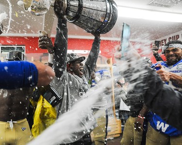 CALGARY, AB - NOVEMBER 24: The Winnipeg Blue Bombers  celebrate after defeating the Hamilton Tiger-Cats during the 107th Grey Cup Championship Game at McMahon Stadium on November 24, 2019 in Calgary, Alberta, Canada. (Photo by Derek Leung/Getty Images)