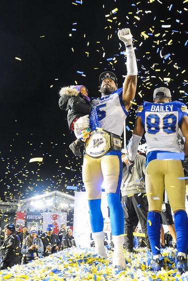 CALGARY, AB - NOVEMBER 24: Willie Jefferson #5 of the Winnipeg Blue Bombers celebrates after defeating the Hamilton Tiger-Cats during the 107th Grey Cup Championship Game at McMahon Stadium on November 24, 2019 in Calgary, Alberta, Canada. (Photo by Derek Leung/Getty Images)
