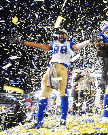 CALGARY, AB - NOVEMBER 24: Rasheed Bailey #88 of the Winnipeg Blue Bombers celebrates after defeating the Hamilton Tiger-Cats during the 107th Grey Cup Championship Game at McMahon Stadium on November 24, 2019 in Calgary, Alberta, Canada. (Photo by Derek Leung/Getty Images)
