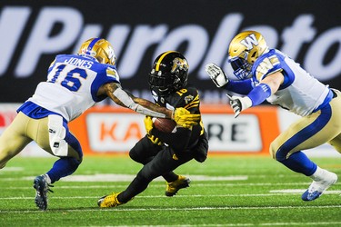 CALGARY, AB - NOVEMBER 24: Brandon Banks #16 of the Hamilton Tiger-Cats runs the ball against the Winnipeg Blue Bombers during the 107th Grey Cup Championship Game at McMahon Stadium on November 24, 2019 in Calgary, Alberta, Canada. (Photo by Derek Leung/Getty Images)