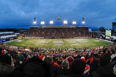 CALGARY, AB - NOVEMBER 24: A general view of the interior of McMahon Stadium during kick-off to begin the 107th Grey Cup Championship Game between the Winnipeg Blue Bombers and the Hamilton Tiger-Cats at McMahon Stadium on November 24, 2019 in Calgary, Alberta, Canada. (Photo by Derek Leung/Getty Images)