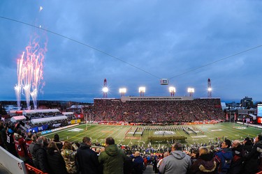 CALGARY, AB - NOVEMBER 24: A general view of the interior of McMahon Stadium as the national anthem is sang prior to the 107th Grey Cup Championship Game between the Winnipeg Blue Bombers and the Hamilton Tiger-Cats at McMahon Stadium on November 24, 2019 in Calgary, Alberta, Canada. (Photo by Derek Leung/Getty Images)