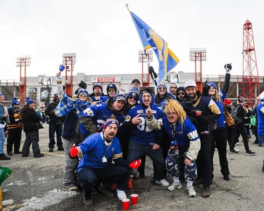 CALGARY, AB - NOVEMBER 24: Winnipeg Blue Bombers fans rally their team prior to the 107th Grey Cup Championship Game against the Hamilton Tiger-Cats during at McMahon Stadium on November 24, 2019 in Calgary, Alberta, Canada. (Photo by Derek Leung/Getty Images)