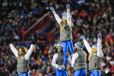 CALGARY, AB - NOVEMBER 24: The Winnipeg Blue Bombers' cheerleaders rally their team during the 107th Grey Cup Championship Game against the Hamilton Tiger-Cats at McMahon Stadium on November 24, 2019 in Calgary, Alberta, Canada. (Photo by Derek Leung/Getty Images)