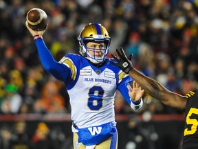 Zach Collaros of the Winnipeg Blue Bombers passes against the Hamilton Tiger-Cats during the 107th Grey Cup Championship Game at McMahon Stadium on Nov. 24, 2019 in Calgary.
