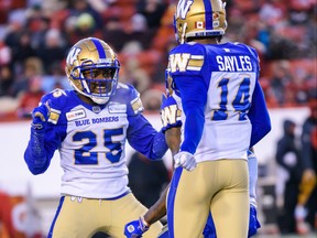 Winnipeg Blue Bombers Nick Taylor celebrates with his team during the CFL's West Division semifinal against Calgary Stampeders at McMahon Stadium on Sunday, November 10, 2019. Azin Ghaffari/Postmedia Calgary