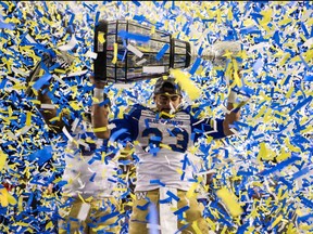 Winnipeg Blue Bombers running back Andrew Harris (33) celebrates winning the Grey Cup over the Hamilton Tiger-Cats at McMahon Stadium on Nov. 24, 2019.  Sergei Belski-USA TODAY Sports