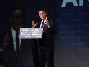 Conservative leader Andrew Scheer makes his concession speech on stage after being defeated by the Liberal Party at an election night rally in Regina, Saskatchewan on October 22, 2019.