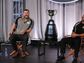 Winnipeg Blue Bombers head coach Mike O’Shea, left and Hamilton Tiger-Cats head coach Orlondo Steinauer talk with media at the BoyceTheatre in Calgary on Wednesday November 20, 2019. The two teams play in the 107th Grey Cup on Sunday. Gavin Young/Postmedia