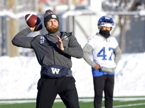 Blue Bombers quarterback Chris Streveler throws during his team’s final practice in preparation for the 107th Grey Cup, against the Hamilton Tiger-Cats in Calgary. Streveler has been praised for his team-first mentality. (Darren Makowichuk/Postmedia Network)
