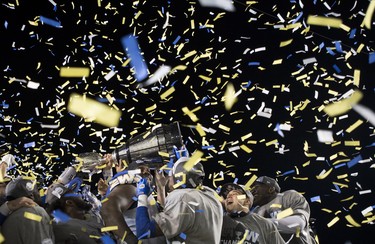 The Winnipeg Blue Bombers celebrate winning the 107th Grey Cup against the Hamilton Tiger Cats in Calgary, Alta., Sunday, November 24, 2019. THE CANADIAN PRESS/Nathan Denette