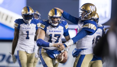 Winnipeg Blue Bombers quarterback Chris Streveler celebrates a touchdown against the Hamilton Tiger-Cats during first half football action in the 107th Grey Cup in Calgary, Alta., Sunday, November 24, 2019. THE CANADIAN PRESS/Frank Gunn