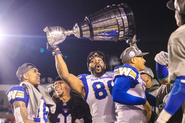 Nov 24, 2019; Calgary, Alberta, CAN; Winnipeg Blue Bombers wide receiver Rasheed Bailey (88) celebrate win over Hamilton Tiger-Cats during the 107th Grey Cup championship football game at McMahon Stadium. Mandatory Credit: Sergei Belski-USA TODAY Sports