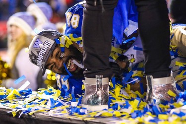 Nov 24, 2019; Calgary, Alberta, CAN; Winnipeg Blue Bombers wide receiver Rasheed Bailey (88) celebrates their win over Hamilton Tiger-Cats during the 107th Grey Cup championship football game at McMahon Stadium. Mandatory Credit: Sergei Belski-USA TODAY Sports