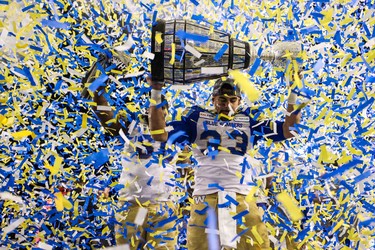 Nov 24, 2019; Calgary, Alberta, CAN; Winnipeg Blue Bombers running back Andrew Harris (33) celebrate win over Hamilton Tiger-Cats during the 107th Grey Cup championship football game at McMahon Stadium. Mandatory Credit: Sergei Belski-USA TODAY Sports