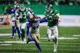 Blue Bombers linebacker Shayne Gauthier (left) played a key part in the West final by sniffing out a trick play. (USA TODAY)