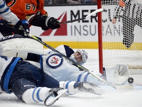 Jets goaltender Connor Hellebuyck got the shutout in a 3-0 win against the Anaheim Ducks. (USA TODAY)