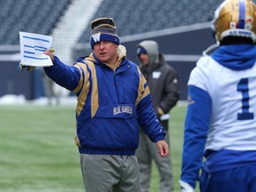 Offensive co-ordinator Paul LaPolice (left) provides direction to receiver Darvin Adams during Blue Bombers practice this week. (KEVIN KING/WINNIPEG SUN)