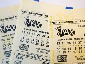A lotto Max ticket is shown in Toronto on Feb. 26, 2018.