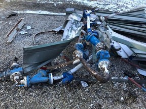 Damage to a natural gas distribution in Tyndall, Man. is shown in a handout photo. Natural gas service was disrupted in a small community when a pickup truck crashed into a gas distribution station.THE CANADIAN PRESS/HO-Manitoba Hydro MANDATORY CREDIT