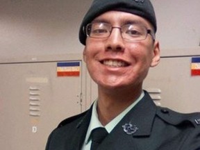 Corporal Nolan Caribou is shown in this undated handout photo. The mother of an Indigenous reservist who took his own life is suing the federal government alleging senior commanders were negligent in their response to racism and bullying her son experienced as a soldier in Manitoba. Cpl. Nolan Caribou, 26, committed suicide during a training exercise at Canadian Forces Base Shilo in 2017.