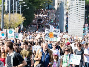 Thousands of protesters march on the streets during the global climate strike in Montreal, Canada on Friday, Sept. 27, 2019. (MARTIN OUELLET-DIOTTE/AFP/Getty Images)