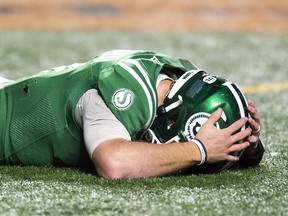Roughriders’ quarterback Cody Fajardo reacts after losing to the Blue Bombers in the West final at in Regina yesterday. TROY FLEECE /postmedia network