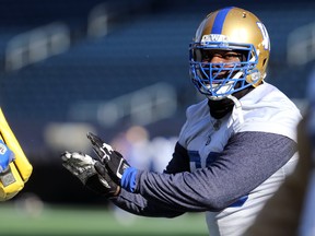 Bombers offensive lineman Stanley Bryant expects plenty of face-time with Riders’ defensive lineman Charleston Hughes on Sunday in Regina. Bryant says the two share a mutual respect. (KEVIN KING/WINNIPEG SUN)