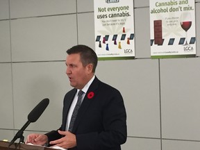 Manitoba Justice Minister Cliff Cullen addresses the media at a press conference on Tuesday in Winnipeg to announce the launch of the Know My Cannabis Limits public education campaign to get adult Manitobans thinking abut limit-setting strategies when new cannabis products, including food and beverages, become available for purchase in December 2019.