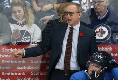 Winnipeg Jets head coach Paul Maurice gestures during action against the New Jersey Devils in Winnipeg on Tues., Nov. 5, 2019. Kevin King/Winnipeg Sun/Postmedia Network