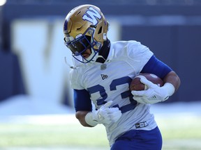 Running back Andrew Harris carries the ball during Winnipeg Blue Bombers practice on Wed., Nov. 6, 2019. Kevin King/Winnipeg Sun/Postmedia Network