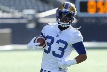 Running back Andrew Harris leans into a turn during Winnipeg Blue Bombers practice on Wed., Nov. 6, 2019. Kevin King/Winnipeg Sun/Postmedia Network