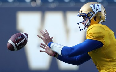 Quarterback Zach Collaros takes a snap during Winnipeg Blue Bombers practice on Wed., Nov. 6, 2019. Kevin King/Winnipeg Sun/Postmedia Network