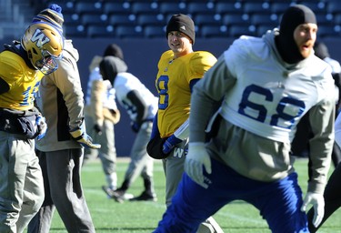 Quarterback Zach Collaros loosens up during Winnipeg Blue Bombers practice on Wed., Nov. 6, 2019. Kevin King/Winnipeg Sun/Postmedia Network