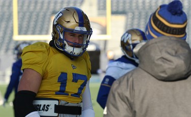 Quarterback Chris Streveler looks around during Winnipeg Blue Bombers practice on Wed., Nov. 6, 2019. Kevin King/Winnipeg Sun/Postmedia Network