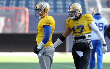 Quarterback Chris Streveler (right) gives Zach Collaros a pat for support during Winnipeg Blue Bombers practice on Wed., Nov. 6, 2019. Kevin King/Winnipeg Sun/Postmedia Network