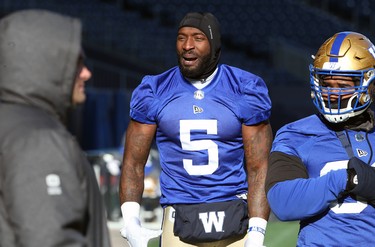 Defensive end Willie Jefferson is hyped on the sideline during Winnipeg Blue Bombers practice on Wed., Nov. 6, 2019. Kevin King/Winnipeg Sun/Postmedia Network