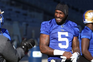 Defensive end Willie Jefferson chats with teammates during Winnipeg Blue Bombers practice on Wed., Nov. 6, 2019. Kevin King/Winnipeg Sun/Postmedia Network