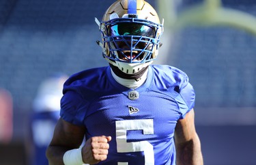 Defensive end Willie Jefferson lets out a yell during Winnipeg Blue Bombers practice on Wed., Nov. 6, 2019. Kevin King/Winnipeg Sun/Postmedia Network