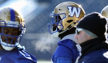 The breath of cornerback Winston Rose hangs in the air during Winnipeg Blue Bombers practice on Wed., Nov. 6, 2019. Kevin King/Winnipeg Sun/Postmedia Network