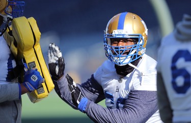 Offensive lineman Stanley Bryant takes part in a drill during Winnipeg Blue Bombers practice on Wed., Nov. 6, 2019. Kevin King/Winnipeg Sun/Postmedia Network