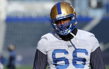 Offensive lineman Stanley Bryant spots a camera during Winnipeg Blue Bombers practice on Wed., Nov. 6, 2019. Kevin King/Winnipeg Sun/Postmedia Network