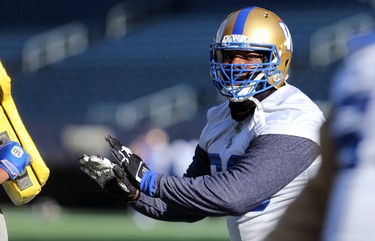 Offensive lineman Stanley Bryant takes part in a drill during Winnipeg Blue Bombers practice on Wed., Nov. 6, 2019. Kevin King/Winnipeg Sun/Postmedia Network