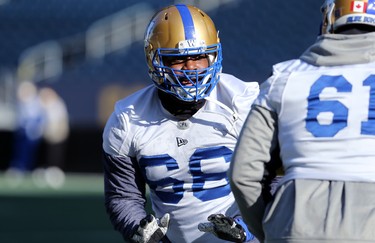 Offensive lineman Stanley Bryant takes part in a drill during Winnipeg Blue Bombers practice on Wed., Nov. 6, 2019. Kevin King/Winnipeg Sun/Postmedia Network