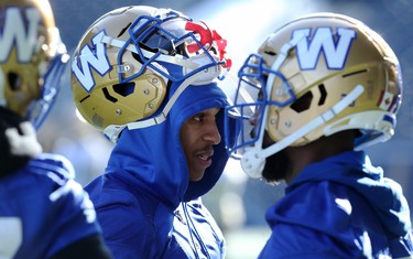 Halfback Marcus Sayles on the sideline during Winnipeg Blue Bombers practice on Wed., Nov. 6, 2019. Kevin King/Winnipeg Sun/Postmedia Network